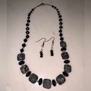 Gray Black Art Glass Bead Necklace Set Geometric Statement w Earrings